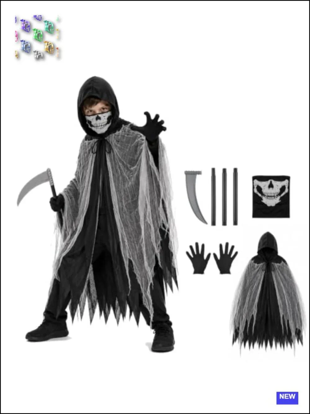 Grim Reaper Costume for Kids, 4-Piece Halloween Cloak Set with Mask, Gloves,